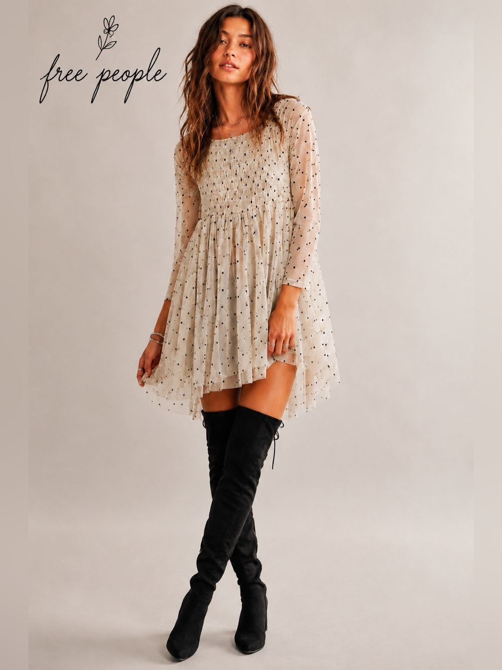 Free People Cream Polka Dot Mesh Mini Dress